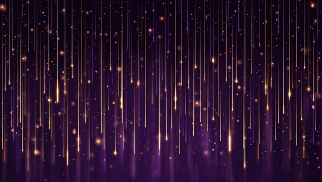 dark background, light stripes of golden rain falling down from the sky, minimalism dark purple gradient, simple lines and shapes golds and purples, blurred edges, glowing lights Generative AI