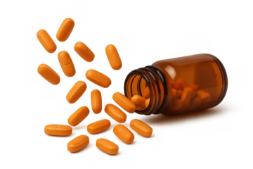 Orange vitamin pills spilling from a brown bottle, representing health, pharmacy, and medication. Transparent background for easy use