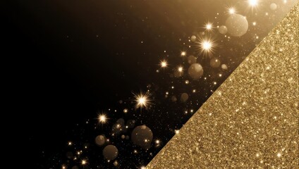 Diagonal split of gold glitter and black space with shining star particles