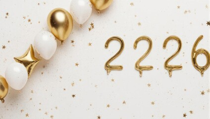 A festive New Year's scene with gold balloons, star confetti, and gold foil year digits