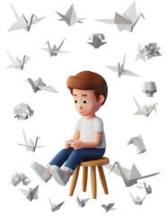 Young boy sitting on a stool surrounded by origami cranes.