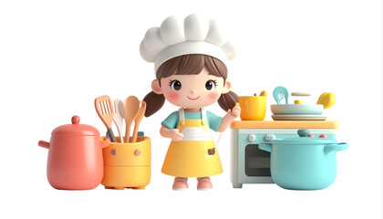 Cartoon Girl Chef Standing with Cooking Utensils and Stove.