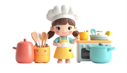 Cartoon Girl Chef Standing with Cooking Utensils and Stove.