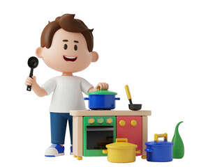 Cartoon man cooking in kitchen with utensils and pots.