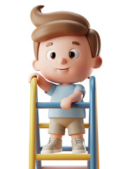 Cheerful young boy standing on a ladder.