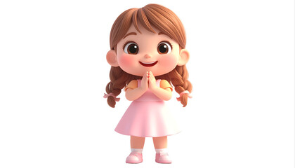 Cheerful Cartoon Girl in Pink Dress Standing.