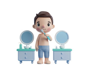 Cartoon boy brushing teeth at bathroom vanity.