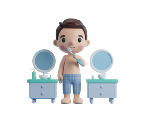 Cartoon boy brushing teeth at bathroom vanity.