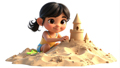 Young girl building a sandcastle on the beach.
