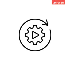 Black single round gear workflow line icon, simple cogwheel process cycle glyph flat design vector pictogram, infographic interface elements for app logo web button ui ux isolated on white background
