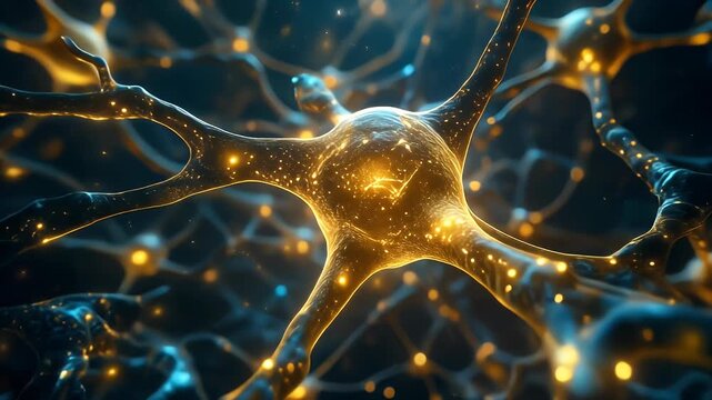 Active neural network firing synapses, gold and blue glowing neurons background, human brain activity and artificial intelligence concept.