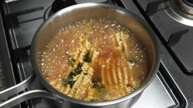 A close-up of spicy Korean ramen cooked at home in Korea.