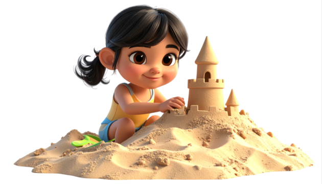 Young girl building a sandcastle on the beach. - Powered by Adobe