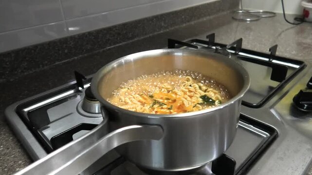 A close-up of spicy Korean ramen cooked at home in Korea.