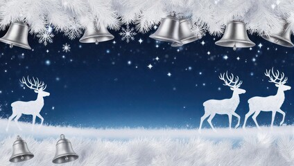 Winter scene with frosted pine, silver bells, reindeer silhouettes, and a starry night backdrop