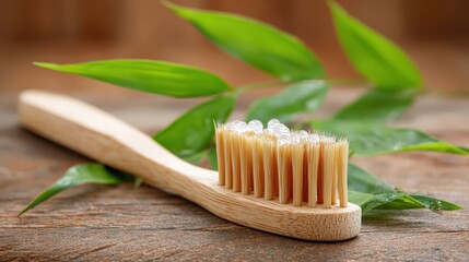 A sustainable bamboo toothbrush adorned with fresh leaves and mint toothpaste, representing eco-conscious living and personal hygiene habits that promote a greener lifestyle.