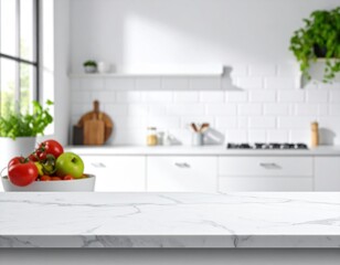 Foreground counter line with smooth kitchen backdrop white
