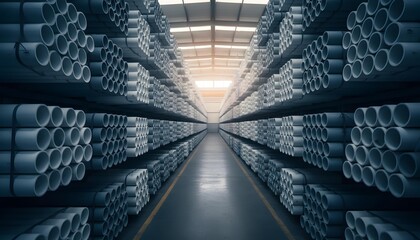 Fototapeta premium Long Warehouse Aisle Filled with Stacked PVC Pipes in Symmetrical Rows, Industrial Storage Perspective Shot