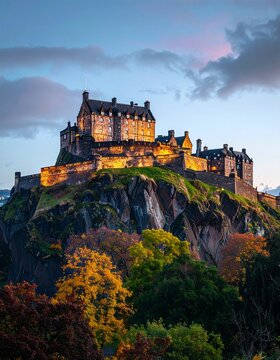 Edinburgh Castle illuminated at dusk, a historic Scottish landmark atop a volcanic rock, surrounded by autumn trees and a dramatic sky.