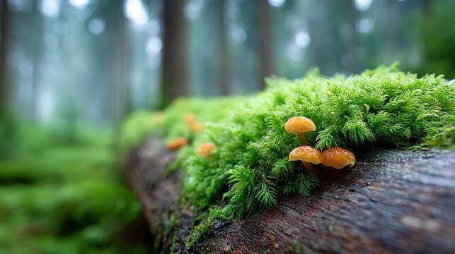 A close-up of moss and fungi on a fallen log in a forest, macro