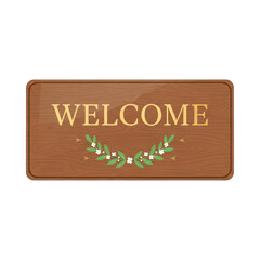 Wooden Welcome Sign with Laurel Wreath Accent and Elegant Script Text on Transparent Background