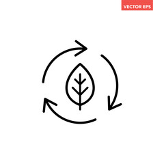 Black single organic recycle line icon. Simple round leaf ecology circle flat design vector pictogram, infographic interface elements for app logo web button ui ux isolated on white background