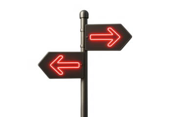 Road signpost with glowing neon arrows pointing left and right, symbolizing choice, decision, direction, and opportunity