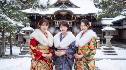 Obraz premium 初詣で神社に参拝に来た日本人女性3人