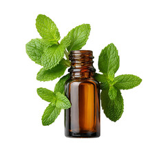 Amber glass bottle of essential oil surrounded by fresh mint leaves