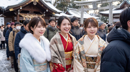 Obraz premium 初詣で神社に参拝に来た日本人女性3人