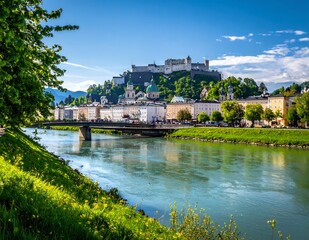 Obraz premium Hohensalzburg Fortress and Salzach River in Salzburg, Austria, on a sunny day with lush green banks and clear blue sky.