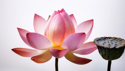 Pink Lotus Flower Blossom and Seed Pod on White Background