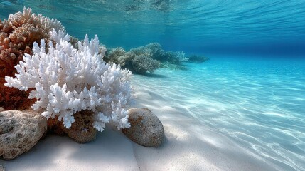A coral reef bleached white due to warming waters, underwater