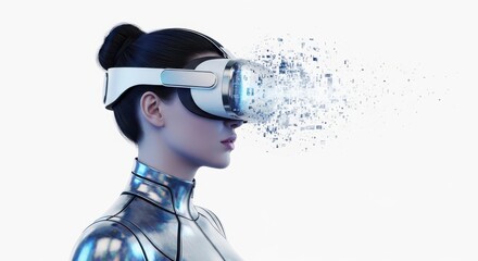 Woman in futuristic vr headset, digital data dissolving, symbolizing virtual reality, metaverse, and advanced technology, isolated on white background