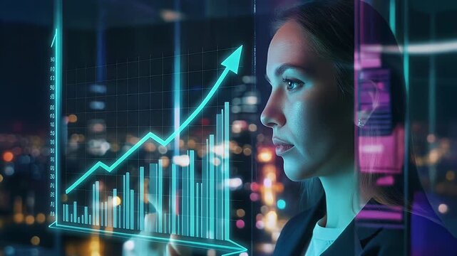 Businesswoman interacting with holographic financial growth chart on city window at night, futuristic corporate data visualization and analysis. - Powered by Adobe