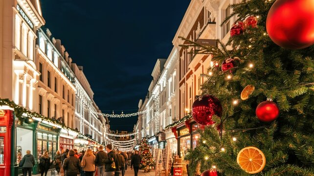 Christmas Street Scene with Festive Decorations and Illuminated Buildings Creating a Cheerful Holiday Atmosphere for Seasonal Marketing and Design Inspiration