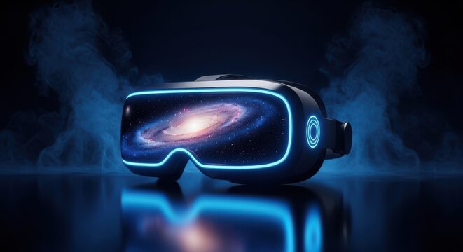 Virtual reality headset with glowing blue neon, displaying a galaxy, in a dark, smoky setting, symbolizing immersive digital experience - Powered by Adobe