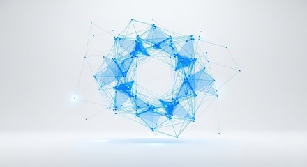 Abstract blue geometric shape formed by connected dots and lines, representing a complex network or digital structure on a light background