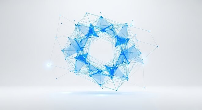 Abstract blue geometric shape formed by connected dots and lines, representing a complex network or digital structure on a light background