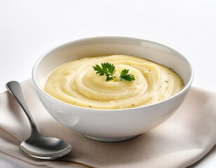 creamy parsnip puree served in a white bowl with a silver spoon showcases a simple yet elegant dish ready to be savored against a white background