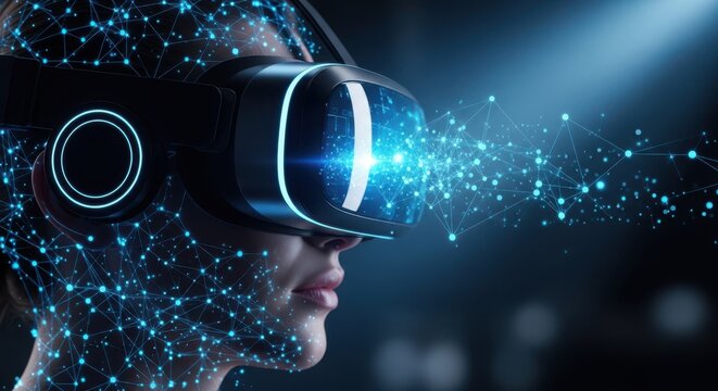 Person experiencing virtual reality with a futuristic vr headset, surrounded by glowing blue digital particles, representing metaverse, advanced technology, and immersive digital experiences - Powered by Adobe