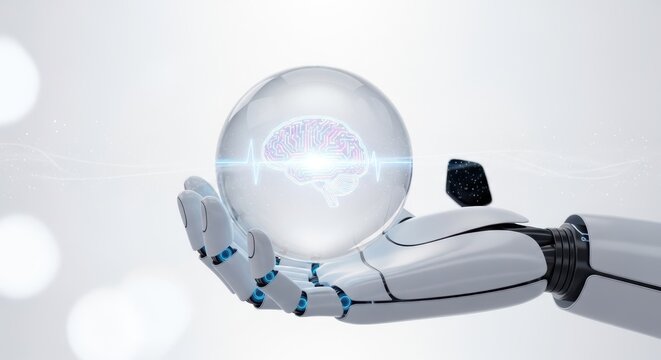 Robotic hand holding a transparent sphere with a glowing brain, symbolizing artificial intelligence and technology, isolated on white background