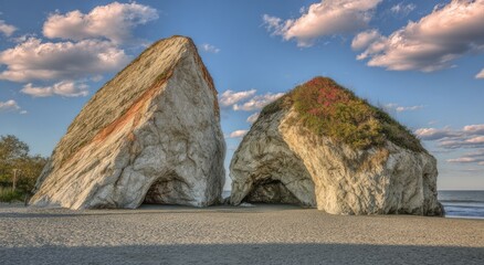 Two large rock formations on a sandy beach under a blue sky with clouds.