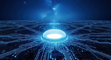 Glowing blue core with intricate digital circuit patterns, symbolizing advanced technology, artificial intelligence, data, and global networks