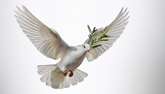 a white dove with olive branch in its beak flying against a white background - Powered by Adobe