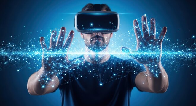 A man wearing a virtual reality headset interacts with a glowing digital interface, representing future technology, metaverse, and immersive experiences - Powered by Adobe