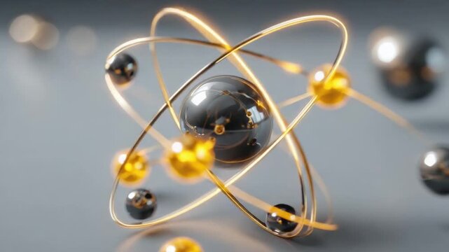 Molecular Elegance: A captivating artistic rendition of an atom's intricate structure, with gleaming spheres orbiting gracefully, suggesting the fundamental building block of all matter. 