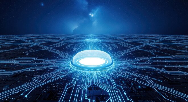 Glowing blue core with intricate digital circuit patterns, symbolizing advanced technology, artificial intelligence, data, and global networks