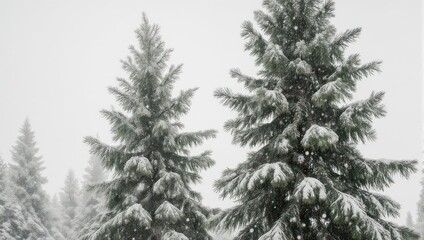 Fototapeta premium Evergreen trees blanketed with fresh snow during a winter snowfall in a misty forest