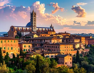 Naklejka premium Siena Cathedral and historic city skyline at sunset, a picturesque view of the iconic Italian architecture and Tuscan landscape.